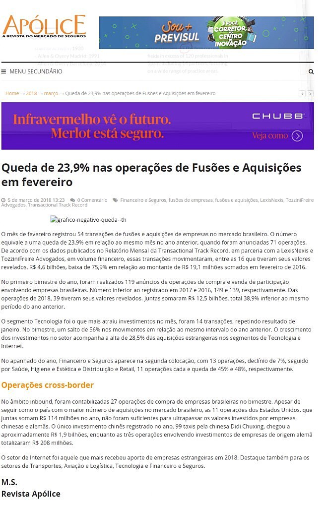 Queda de 23,9% nas operaes de Fuses e Aquisies em fevereiro